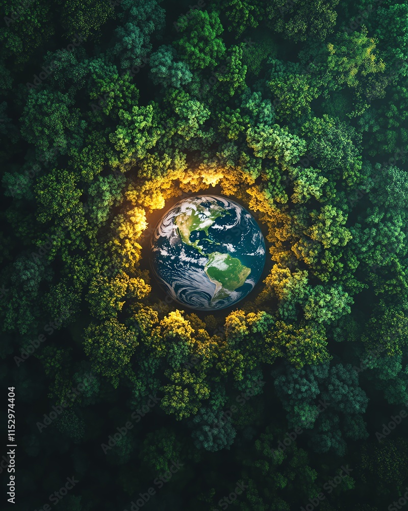 Fototapeta premium A green forest viewed from above, with a glowing Earth globe symbolizing the target of carbon reduction emissions and the importance of ecofriendly energy solutions