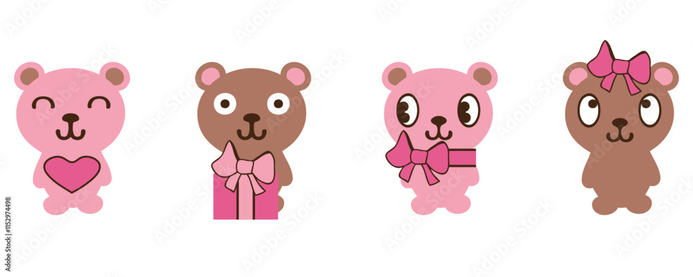 Obraz premium Flat teddy bears cartoon toy clip art collection. Hand drawn isolated vector characters set.