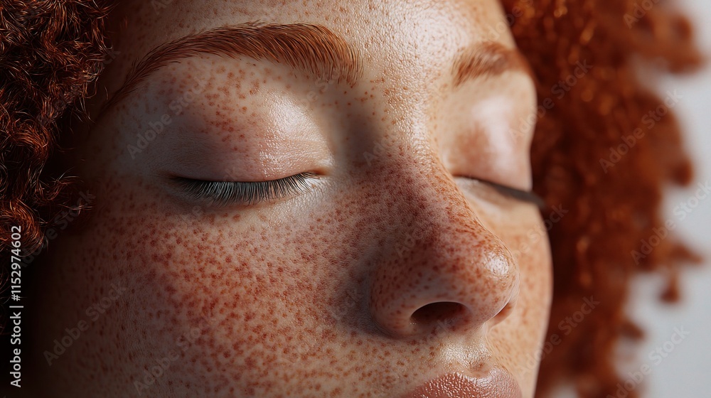 Fototapeta premium Close-Up of Female Face with Freckles and Eyes Closed