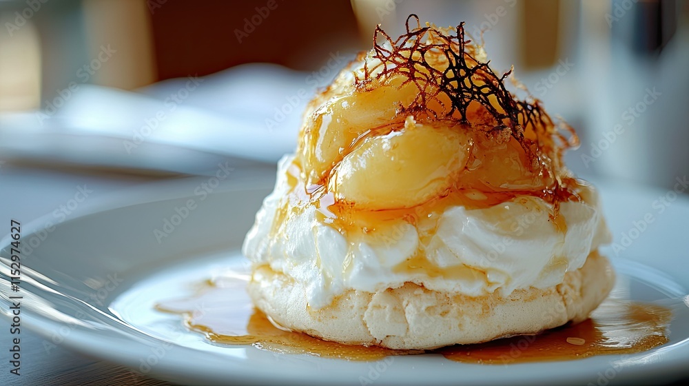 Exquisite Dessert Featuring Soft Meringue Topped with Creamy Custard, Fresh Bananas, and Drizzled with Golden Caramel Sauce Exquisite Dessert Featuring Soft Meringue Topped with Creamy Custard, Fresh Bananas, and Drizzled with Golden Caramel Sauce