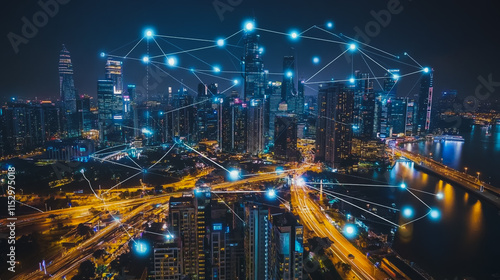 Wallpaper Mural Smart digital city with connection cyber security network reciprocity over the cityscape . future smart wireless digital city and social media networking systems that connects people within the city Torontodigital.ca