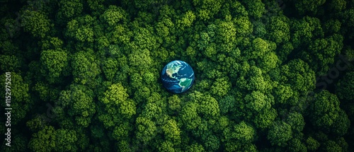 Aerial view of dense green forest with an Earth globe in the center, illustrating the global commitment to reducing carbon emissions and saving the planet on Earth Day photo