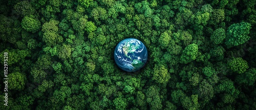 Aerial view of dense green forest with an Earth globe in the center, illustrating the global commitment to reducing carbon emissions and saving the planet on Earth Day photo