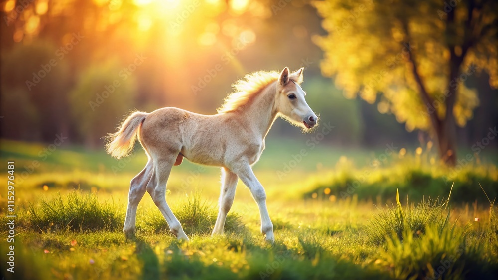 Adorable Unicorn Foal Walking in Meadow, Magical Fantasy Creature Photography Adorable Unicorn Foal Walking in Meadow, Magical Fantasy Creature Photography