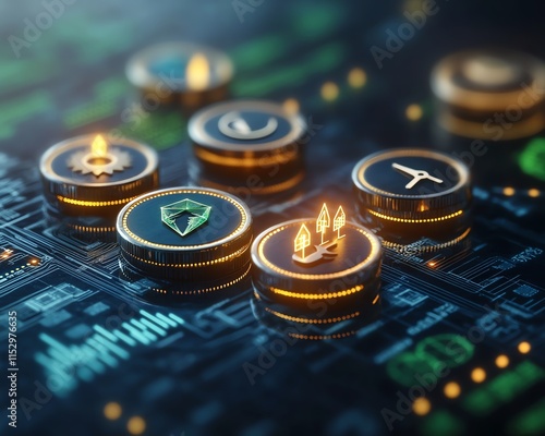 Coins on the ground with glowing ESG icons and a growth chart, symbolizing sustainable environment investment and the focus on renewable energy for green business strategy photo