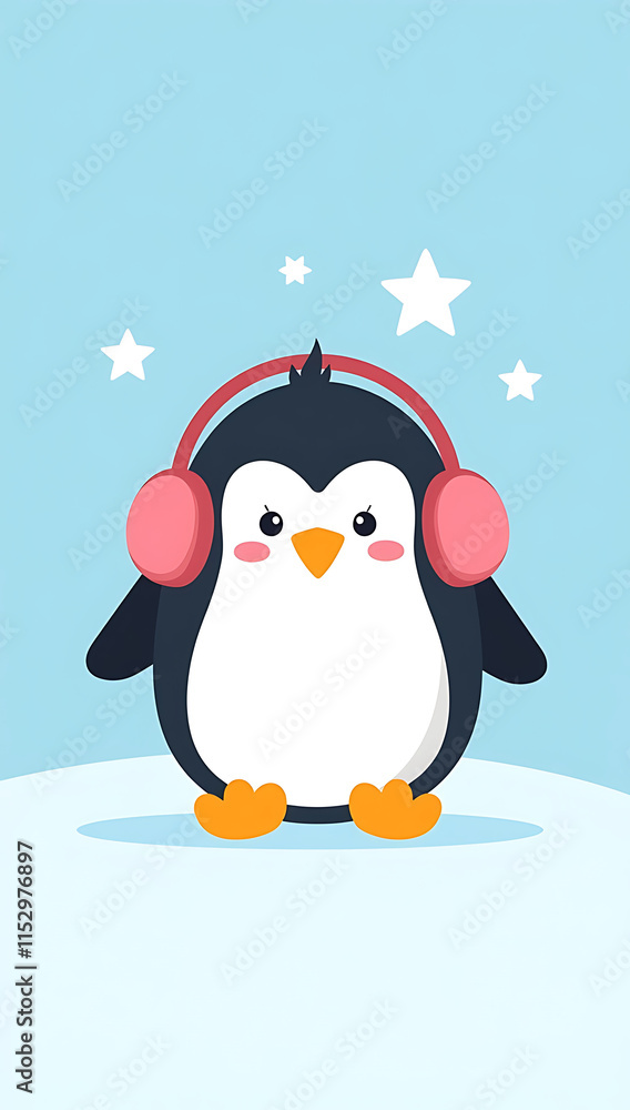 Fototapeta premium A cute phone HD wallpaper featuring a cartoon penguin wearing earmuffs on an icy white background.