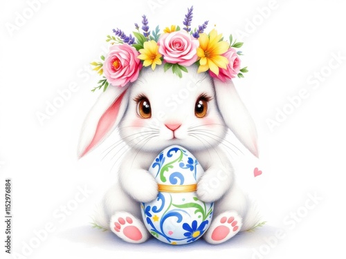 Rabbit holding an easter egg. Good for spring or Easter themed designs. photo