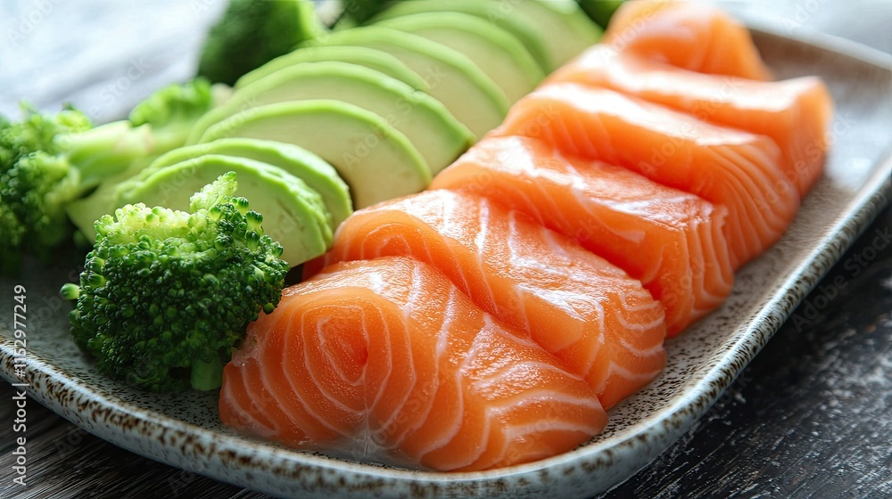 Fresh Salmon Slices with Avocado and Broccoli on White Plate, Healthy and Delicious Seafood Dish, Perfect for Nutritious Meal and Culinary Presentation Fresh Salmon Slices with Avocado and Broccoli on White Plate, Healthy and Delicious Seafood Dish, Perfect for Nutritious Meal and Culinary Presentation