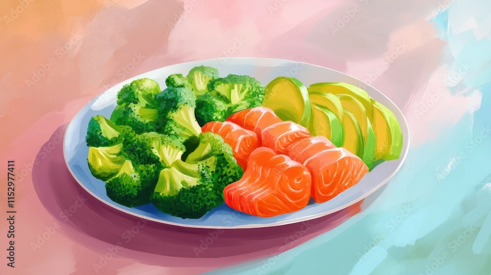 Fresh and Colorful Plate of Broccoli and Salmon with Sliced Avocado Against a Soft Background Ideal for Healthy Eating and Nutrition Themes Fresh and Colorful Plate of Broccoli and Salmon with Sliced Avocado Against a Soft Background Ideal for Healthy Eating and Nutrition Themes