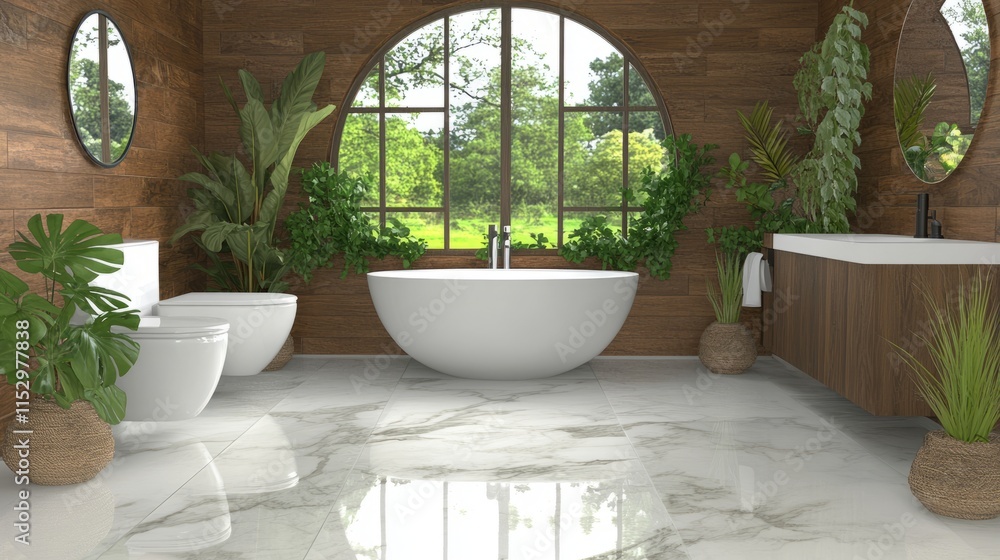 Serene Bathroom Design with Lush Greenery and Marble Floor Serene Bathroom Design with Lush Greenery and Marble Floor