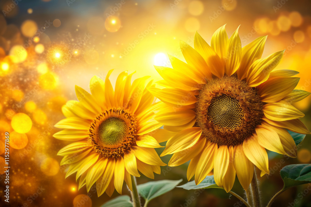 Fototapeta premium Vibrant sunflowers basking in golden sunlight, creating warm and cheerful atmosphere. background sparkles with bokeh effects, enhancing beauty of nature