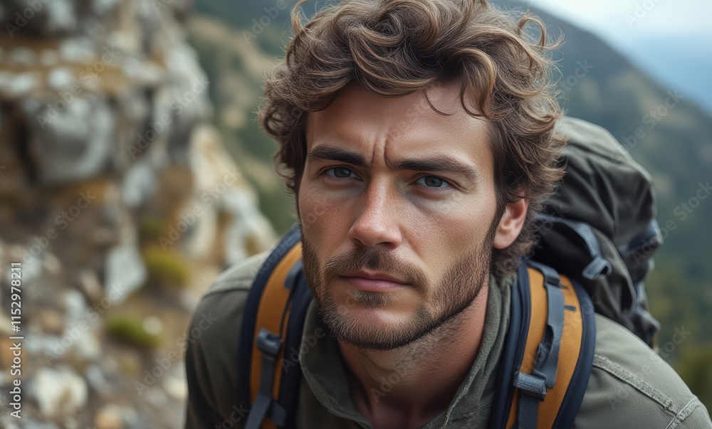 Focused young man hiking in nature Focused young man hiking in nature