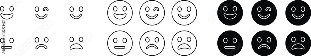 Emoticons icon set. Emoji faces collection flat and line vector style isolated on transparent background. Happy and sad, good and bad emoji. Cartoon symbol feedback rating emoji use for web and app Emoticons icon set. Emoji faces collection flat and line vector style isolated on transparent background. Happy and sad, good and bad emoji. Cartoon symbol feedback rating emoji use for web and app