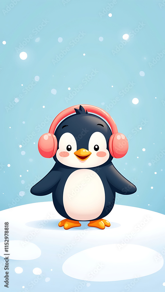 Fototapeta premium A cute phone HD wallpaper featuring a cartoon penguin wearing earmuffs on an icy white background. 