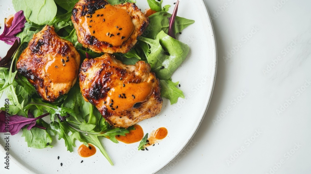 Grilled Chicken Thighs Served with Fresh Greens and Tangy Sauce on a White Plate Deliciously Healthy Meal for Food Lovers Grilled Chicken Thighs Served with Fresh Greens and Tangy Sauce on a White Plate Deliciously Healthy Meal for Food Lovers