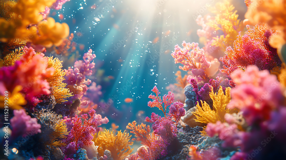 Naklejka premium Colorful coral, seaweed and small fish in the deep sea, generative AI