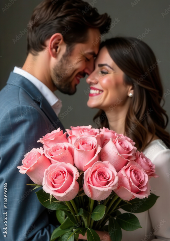 Man's giving a big beautiful bouquet of roses to the happily smiling woman Man's giving a big beautiful bouquet of roses to the happily smiling woman