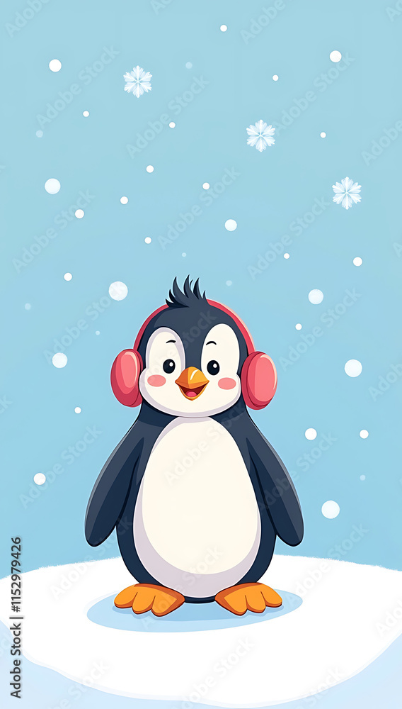 Fototapeta premium A cute phone HD wallpaper featuring a cartoon penguin wearing earmuffs on an icy white background.