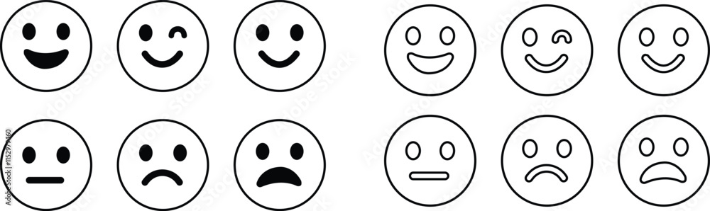Emoticons icon set. Emoji faces collection flat and line vector style isolated on transparent background. Happy and sad, good and bad emoji. Cartoon symbol feedback rating emoji use for web and app Emoticons icon set. Emoji faces collection flat and line vector style isolated on transparent background. Happy and sad, good and bad emoji. Cartoon symbol feedback rating emoji use for web and app