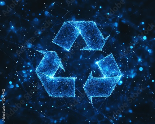 Abstract digital design with glowing blue mesh lines and points, forming a polygonal structure with recycle icon symbol in the center, on a dark blue background photo