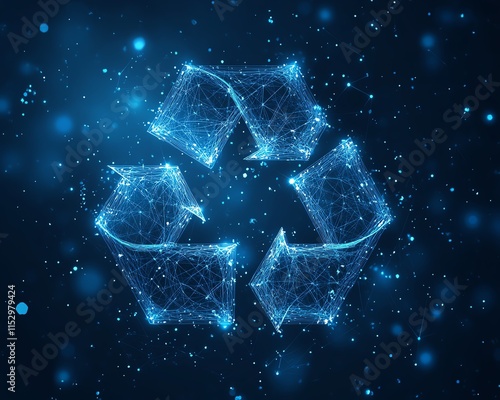 Abstract digital design with glowing blue mesh lines and points, forming a polygonal structure with recycle icon symbol in the center, on a dark blue background photo