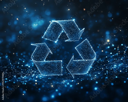 Abstract digital design with glowing blue mesh lines and points, forming a polygonal structure with recycle icon symbol in the center, on a dark blue background photo