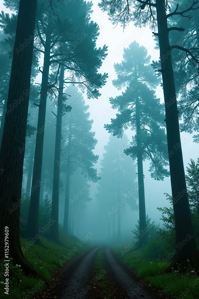 Fototapeta premium Tall trees with their branches stretching up towards the sky covered in thick fog, hazy, evergreen, tree