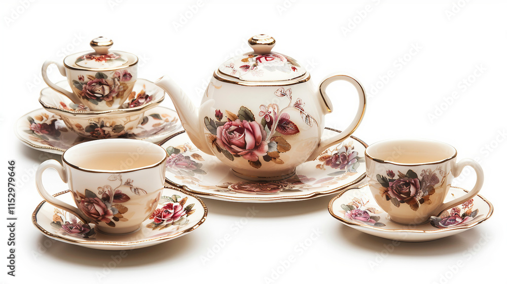 Retro Floral Tea Set Adorned with Roses on white background.PNG Retro Floral Tea Set Adorned with Roses on white background.PNG