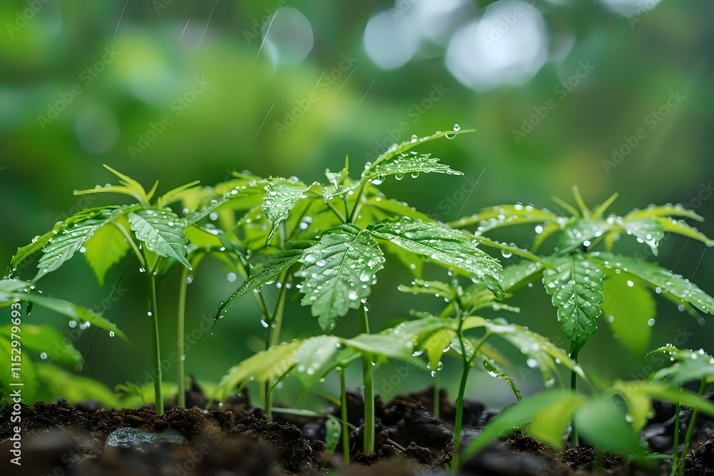 Seedlings Thrive: Young Plants Growing in the Rain, Showing Vibrant Green Leaves and Water Droplets, a Symbol of New Life and Growth, Nature's Resilience and the Beauty of Fresh Sprouting Plants Seedlings Thrive: Young Plants Growing in the Rain, Showing Vibrant Green Leaves and Water Droplets, a Symbol of New Life and Growth, Nature's Resilience and the Beauty of Fresh Sprouting Plants