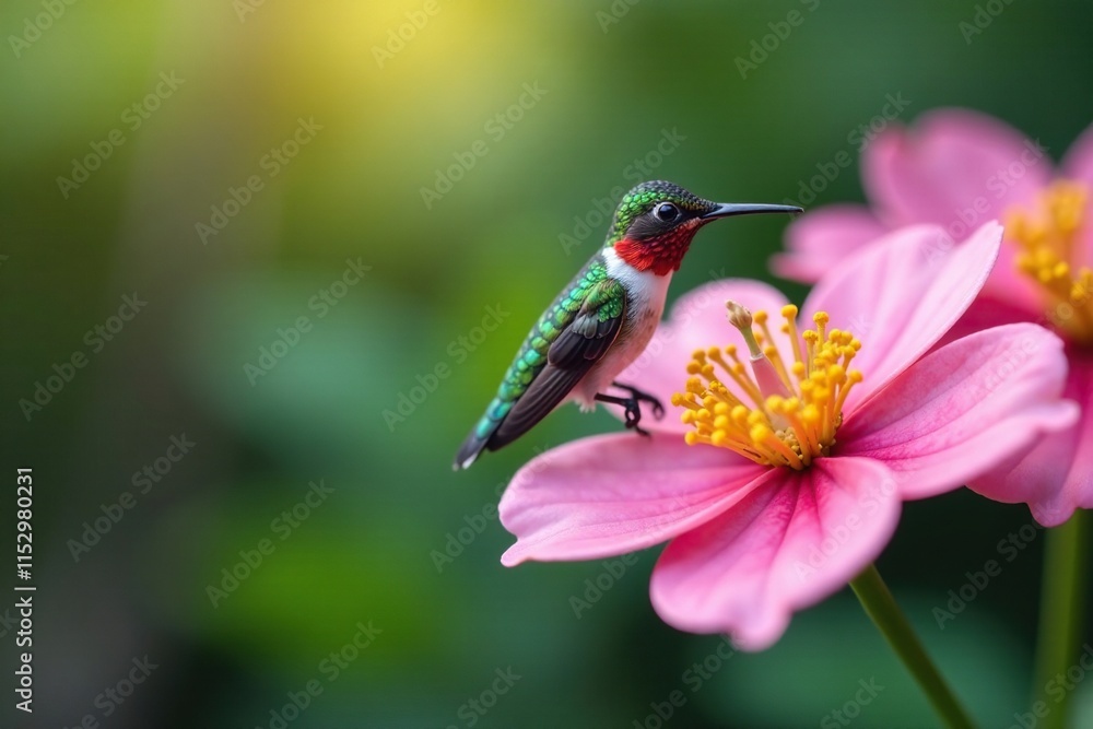 Fototapeta premium Tiny hummingbird perches on delicate flower petals, small, diorama, flower