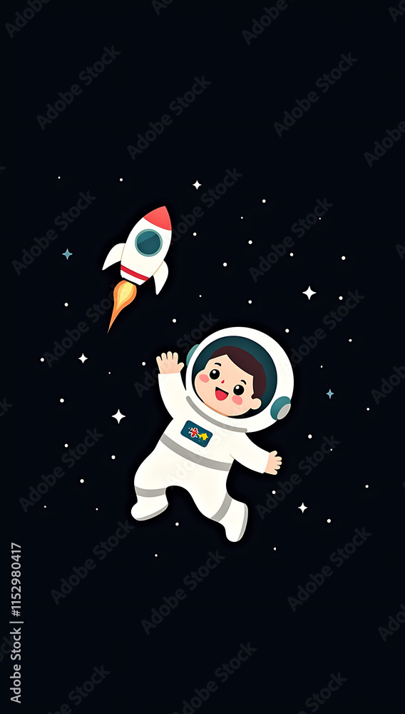 Naklejka premium A cute phone HD wallpaper featuring a cartoon astronaut floating in space with a tiny spaceship on a black background filled with stars.