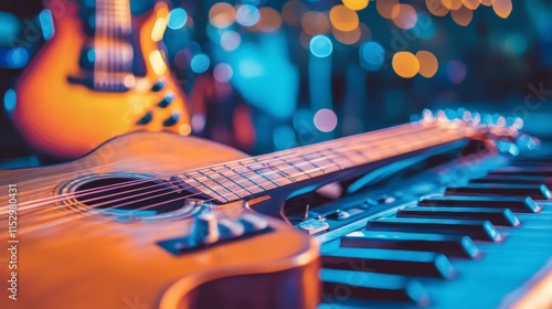 Close-up of acoustic guitar and keyboard on stage with blurred background lights.