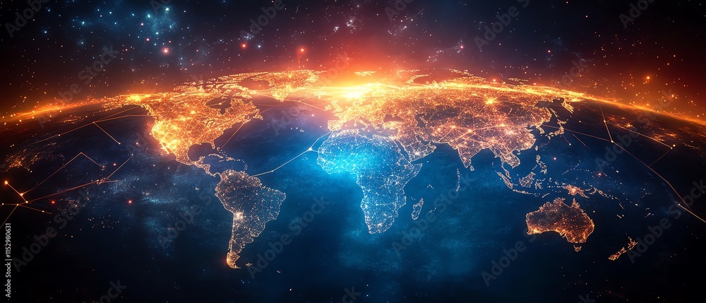 Fototapeta premium Vibrant forex trading illustration featuring sharp graph peaks, a glowing network of financial connections, and global themes for business insights