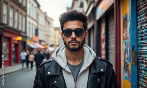 Stylish man in sunglasses on city street photo