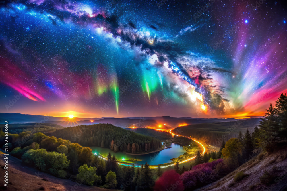 breathtaking celestial tapestry unfolds in iridescent hues across night sky, illuminating landscape with vibrant colors. scene captures beauty of nature wonders breathtaking celestial tapestry unfolds in iridescent hues across night sky, illuminating landscape with vibrant colors. scene captures beauty of nature wonders