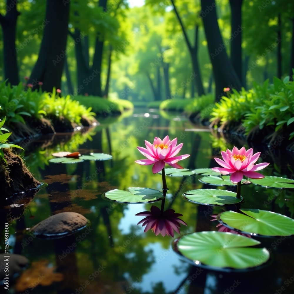 Water lilies blooming on a wooden watercourse, peaceful, trees, serene Water lilies blooming on a wooden watercourse, peaceful, trees, serene