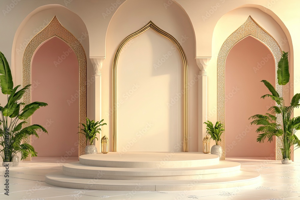 Fototapeta premium Indonesian bedug and product podium 3d rendering background. Concept of islamic celebration ramadan kareem, marhaban and eid al fitr adha with blank space. 