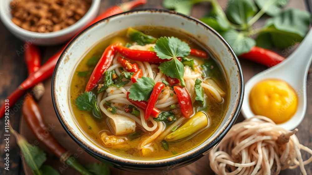 Fermented rice flour noodles in a creamy green curry sauce, garnished with fresh herbs and chili peppers, dish, green