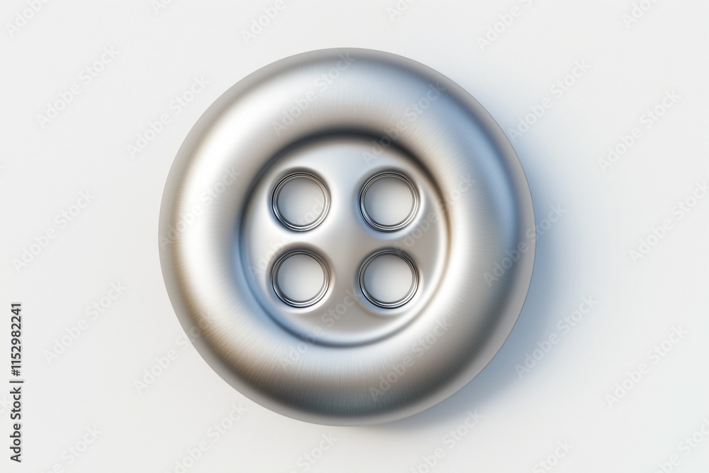 A matte silver button with four holes placed at the center of a pristine white background. A matte silver button with four holes placed at the center of a pristine white background.