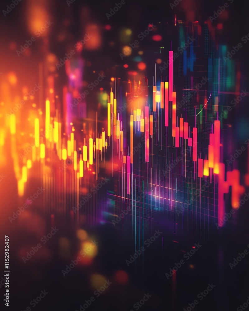 Detailed stock market candlestick graph showing upward trends, vibrant colors on a dark gradient background, professional trading concept, vector art Detailed stock market candlestick graph showing upward trends, vibrant colors on a dark gradient background, professional trading concept, vector art