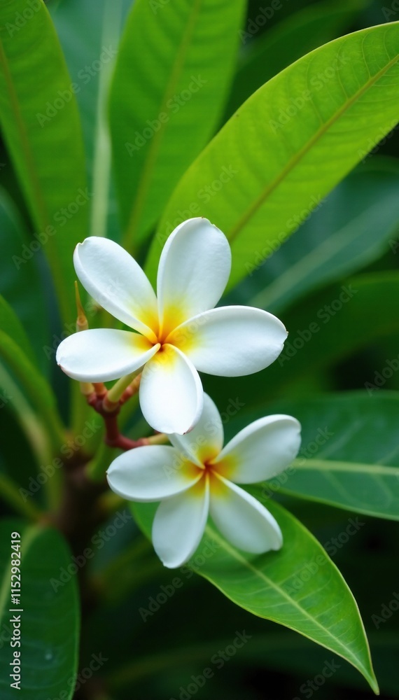 Fototapeta premium White frangipani blossoms in the background of a tree's foliage, tropical, frangipani, plumeria
