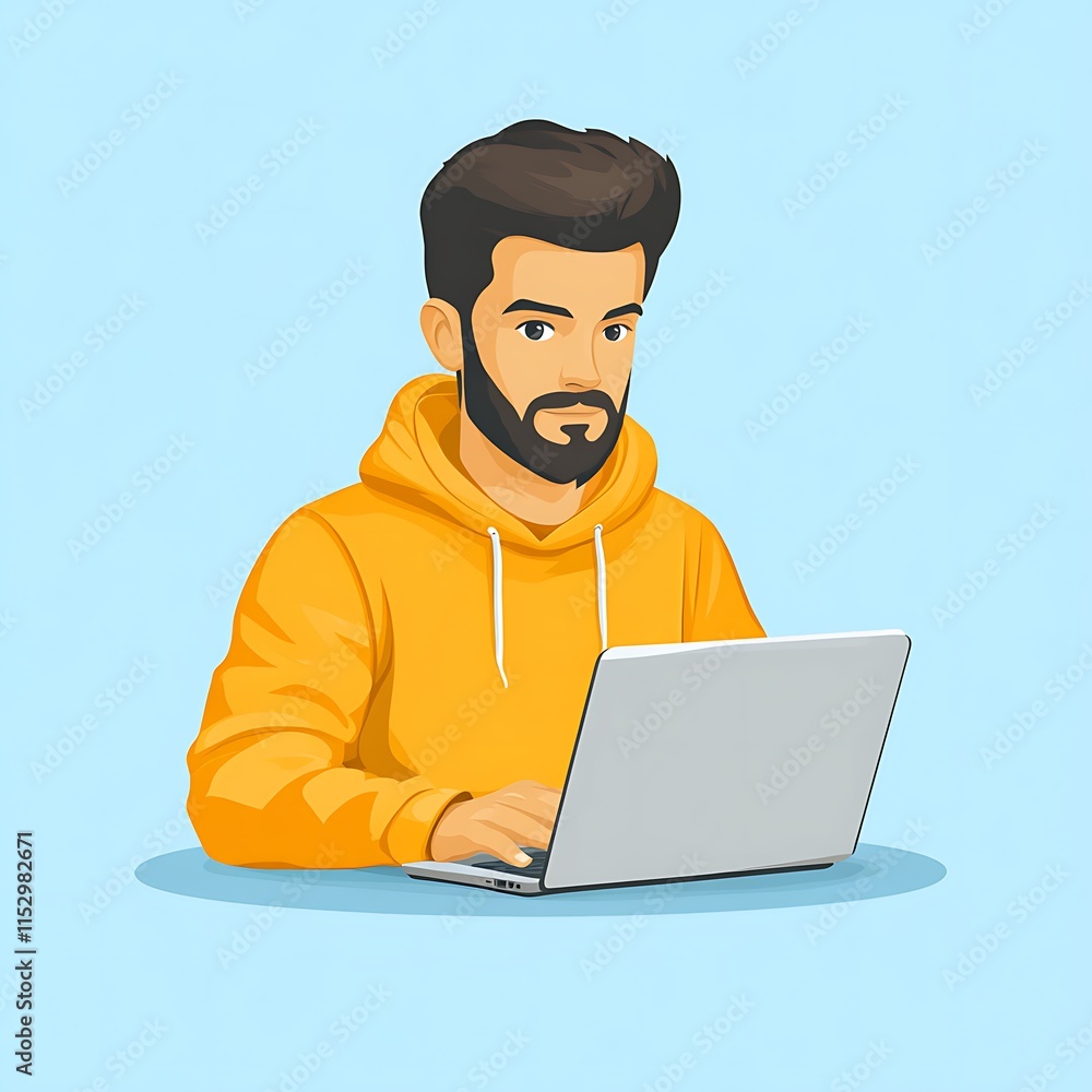 Bearded Man in Yellow Hoodie Uses Laptop Computer Bearded Man in Yellow Hoodie Uses Laptop Computer