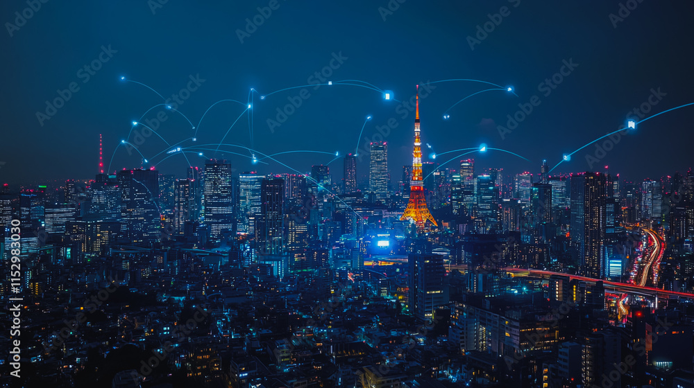 Obraz premium Smart digital city with connection cyber security network reciprocity over the cityscape . future smart wireless digital city and social media networking systems that connects people within the city