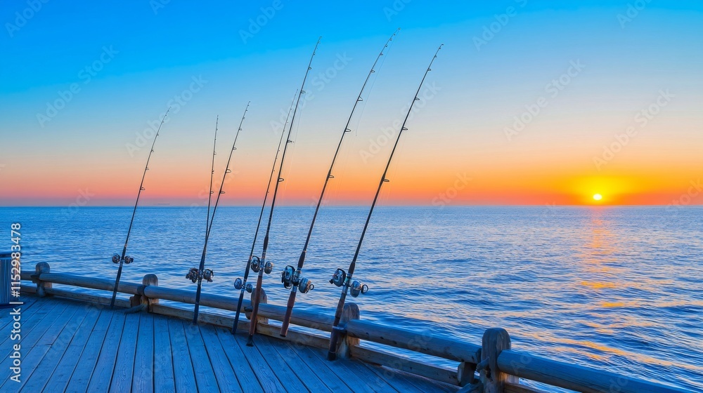 A picturesque sea fishing pier at sunset, Fishing rods lined up against the horizon, Coastal charm style A picturesque sea fishing pier at sunset, Fishing rods lined up against the horizon, Coastal charm style