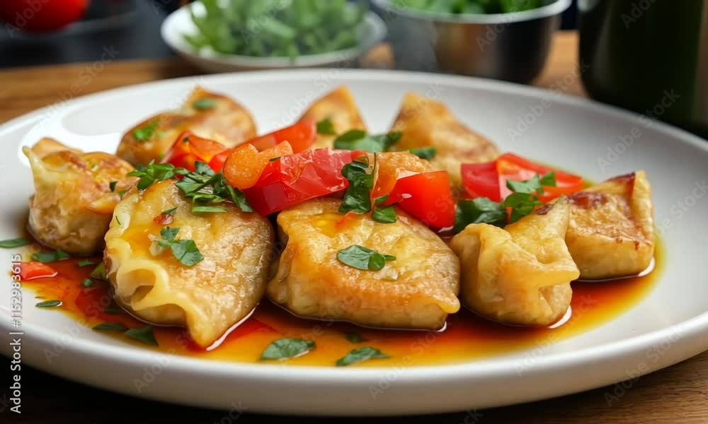 A plate of dumplings topped with tomatoes and herbs in a savory sauce. A plate of dumplings topped with tomatoes and herbs in a savory sauce.