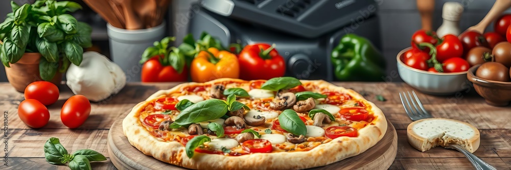 Frame made of various fresh ingredients for pizza such as tomatoes, basil, mushrooms, peppers, and cheese on wooden table, pizza, preparation Frame made of various fresh ingredients for pizza such as tomatoes, basil, mushrooms, peppers, and cheese on wooden table, pizza, preparation