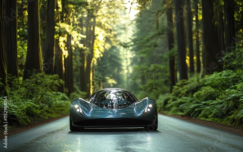 Hydrogenpowered car on a scenic forest road, showcasing green transportation, sustainable travel, and environmental protection for a netzero carbon future photo