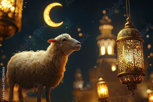 Islamic eid al adha mubarak background with 3d rendering of arabian lantern crescent moon and sheep. Ramadan kareem, isra miraj and eid al fitr concept.  photo