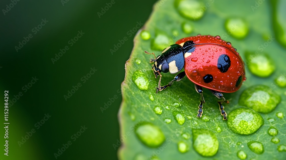 Fototapeta premium A ladybug covered in dew drops sits on a green leaf.