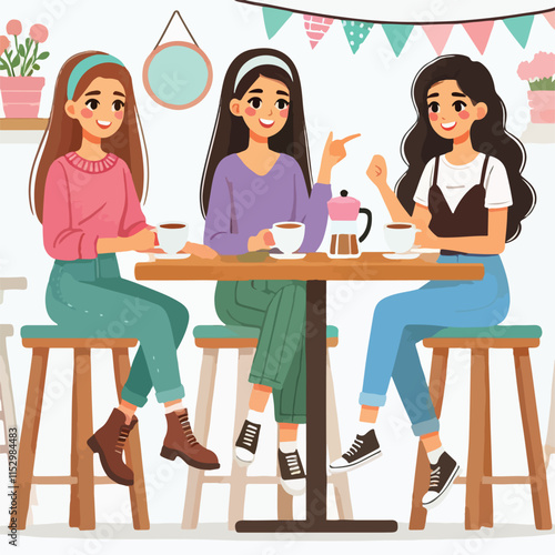 Flat young girl friends in cafe on meeting vector image vector on a white background